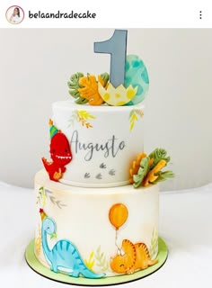 a three tiered cake with dinosaurs and balloons on it's side, the number one is for august