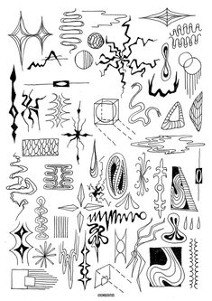 an artistic drawing with black and white ink on paper, depicting different shapes and sizes