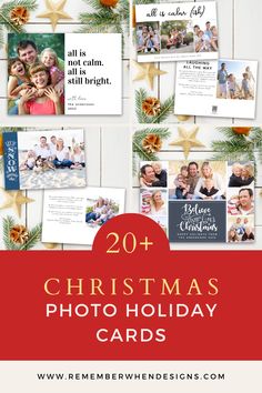 christmas cards with the words, 20 + christmas photo holiday cards in red and gold