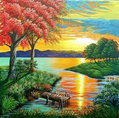 a painting of a beautiful sunset over a lake with trees in the foreground and flowers on the bank