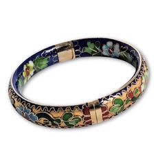 Vintage Cloisonné bracelet dating to 1950's - 1960's This is a hinged hard bangle, covered in blue enamel, decorated with gold, rose, white and green. This item is ready to ship and we offer gift wrapping as well as the option of choosing a card so you may include a personal message(see selection of cards available in the picture). Condition: excellent Size: medium Bracelet/ cuff bangle measures 8" inside circumference, by 3/8" wide. Wide opening measures 4.5" Item will be shipped out within 2 d Bracelet Vintage, Vintage Box, Green Accents, Hinged Bangle, Cuff Bangles, Blue And Gold, Jewelry Lover, Bracelet Gift, Gold Rose