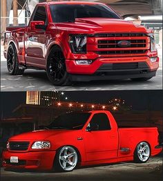 two pictures side by side of a red truck and the same one with chrome rims