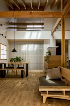 a living room filled with furniture and wooden flooring next to a dining table on top of a hard wood floor