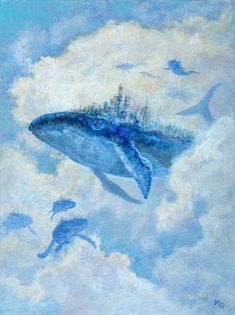 a painting of a blue whale floating in the sky