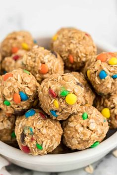 a bowl filled with no bake treats on top of a table