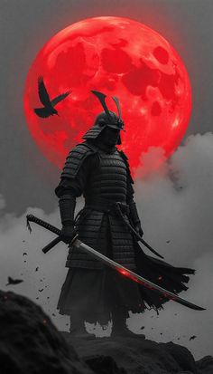 a samurai standing on top of a hill under a red moon