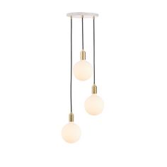 three lights hanging from a ceiling fixture with white and gold fixtures on the bottom, one light