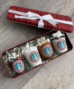 starbucks coffee gift set in a tin with candy and marshmallows on the side