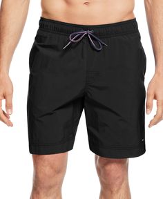 Create a classic beach-ready look in these swim trunks from Tommy Hilfiger. Black Swim Trunks Men, Guy Swimsuit, Guys Swim Trunks, Swim Trunks For Men, White Pool, Sunset Swim, Guy Outfits, Black Sunset, Dr Wardrobe