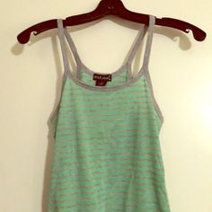 Wet Seal Green And Gray Striped Tank. Never Worn. Size Small. Trendy Cotton Tops For Playwear, Playful Striped Tops For Playwear, Striped Cotton Top For Playwear, Striped Sleeveless Tops For Loungewear, Sleeveless Striped Tops For Loungewear, Playful Sleeveless Loungewear Top, Playful Striped Cotton Tops, Striped Tops For Playwear In Spring, Striped Tops For Spring Playwear