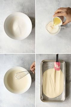 four pictures showing how to make the batter for cake