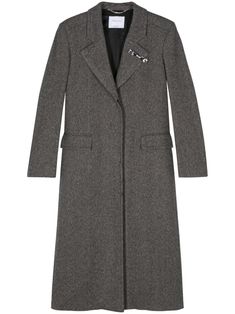 anthracite grey virgin wool blend felted herringbone concealed front button fastening notched lapels bow detailing shoulder pads long sleeves two side flap pockets full lining straight hem Fall Evening Outerwear With Concealed Fastening, Wool Coat With Hidden Button Closure For Fall Evening, Fall Wool Coat With Hidden Button Closure For Evening, Fall Evening Wool Coat With Hidden Button Closure, Single Breasted Wool Outerwear For Evening, Winter Evening Outerwear With Concealed Front Fastening, Evening Wool Outerwear With Buttons, Winter Wool Coat With Hidden Button Closure For Evening, Elegant Gray Wool Coat For Office