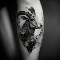 a goat with horns and flowers on his leg