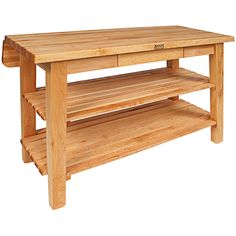 a wooden table with two shelves on each side and one shelf below it for storage