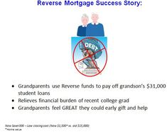 an image of a sign that reads reverse mortgage success story grandparents use reverse bonds to pay off grandson's $ 1, 000