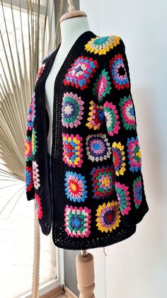 Cozy Granny Square Outerwear For Spring, Handmade Black Outerwear For Spring, Handmade Black Outerwear For Fall, Cozy Multicolor Outerwear With Granny Square Detail, Cozy Multicolor Granny Square Outerwear, Cozy Handmade Multicolor Outerwear, Handmade Black Fall Outerwear, Colorful Crochet, Boho Jacket