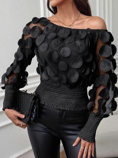 Lasaky - Stunning Asymmetric Style Long Sleeve Shirt Tops Transparentes, Applique Blouse, Dots Clothing, Tulle Blouse, Patch Top, Polka Dots Outfit, Tulle Fabric, Elegant Shirt, Black Blouse