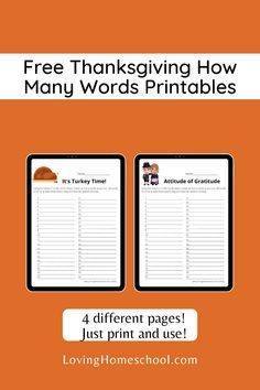 two thanksgiving worksheets with the text free thanksgiving how many words printables