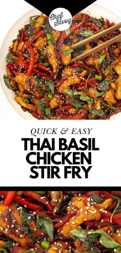 chicken stir fry in a white bowl with chopsticks on top and the words quick and easy thai chicken stir fry