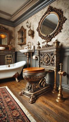 an ornate bathroom with a tub, sink and mirror