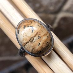 Natural Owyhee Picture Jasper 925 Solid Sterling Silver Ring Size 7.5 - Natural Rocks by Kala Artisan Brown Gemstone Rings, Sterling Silver Rings With Brown Natural Stones, Brown Sterling Silver Rings With Natural Stones, Brown Oval Rings With Natural Stones, Oval Brown Rings With Natural Stones, Oval Brown Ring With Natural Stones, Brown Sterling Silver Cabochon Ring, Brown Sterling Silver Ring With Cabochon, Picture Jasper Jewelry