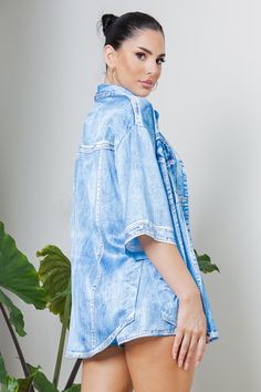 Description Satin button down shirt ONLY Denim effect print Half sleeve Flowy satin fabric Detail 100% POLYESTER (SATIN) IMPORTED Size & Fit Model is 5'7" and wearing size Small Summer Washed Button-up Shirt, Trendy Shirt With Pockets For Spring, Spring Denim Top With Short Sleeves And Pockets, Trendy Denim Blue Blouse With Pockets, Spring Short Sleeve Denim Top With Pockets, Oversized Blue Denim Top For Summer, Spring Short Sleeve Denim Top With Buttons, Spring Denim Blue Blouse With Pockets, Collared Denim Blue Blouse With Pockets