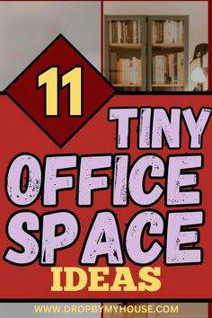 the tiny office space sign is in front of bookshelves