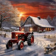 a painting of a red tractor in front of a snowy farm house at night with the sun setting