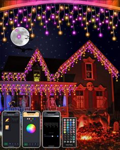 an image of a house decorated for halloween with lights and decorations on the front porch