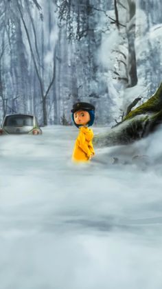 a cartoon character walking through the snow in front of some trees and cars on a snowy road