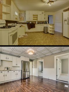 before and after pictures of a kitchen remodel with white cabinets, wood floors