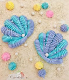 three decorative seashells are laying on the sand