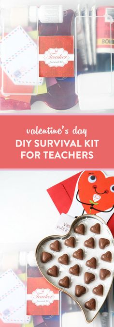 valentine's day diy survival kit for teachers with chocolate hearts in the shape of a heart