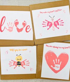 four handprint cards with different designs on them