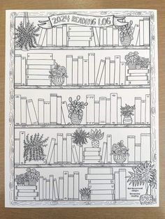 a black and white drawing of bookshelves with plants on them