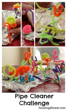 the instructions for making pipe cleaner challenge are shown in three different pictures, including an image of