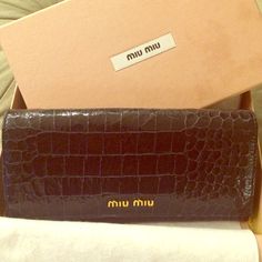 Brand New With Tags Patent Leather Miu Miu Wallet In Croc Print. Plenty Of Room For All Your Cards, And All Your Coins!!! Super Cute!! Brand New Purchased At Saks Elegant Brown Miu Miu Bag, Brown Clutch Wallet With Dust Bag, Designer Brown Clutch Wallet, Evening Brown Pouch Wallet, Luxury Brown Bifold Clutch, Elegant Brown Wallet With Original Box, Designer Brown Wallet For Evening, Brown Bifold Clutch For Evening, Miu Miu Purse