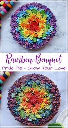 the rainbow bouquet cake is made with colorful icing and sprinkles on it