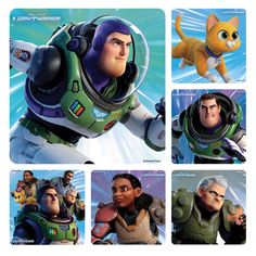 various pictures of characters from the animated movie toy story book, including buzz lightyear