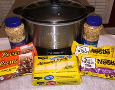 the ingredients for an instant pot roast are displayed in front of the slow cooker