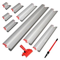 the tools needed to make an aluminum roof are laid out on a white surface with red trim