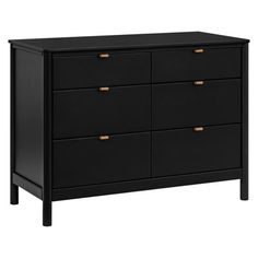 a black dresser with gold handles and drawers on the bottom, in front of a white background