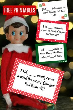 an elf is holding up two cards with the words, i had candy canes around the room can you find them all?