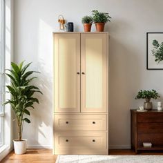 a living room with white walls and wooden furniture, plants on top of the cabinet