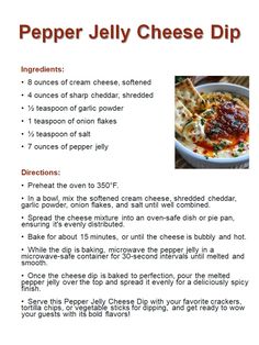 the recipe for pepper jelly cheese dip is shown in this page, which includes instructions to make