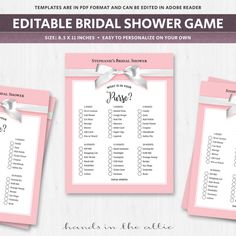 the editable bridal shower game is shown in pink and white with silver bows