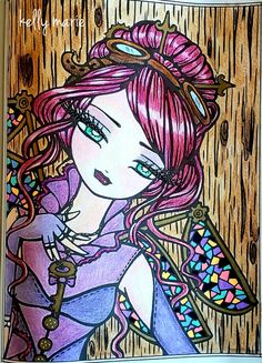 a drawing of a girl with pink hair