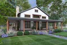 this is an artist's rendering of a modern farmhouse style home with large front porch and covered patio