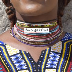 "Stacking chokers, Layering Chokers, Statement Necklace, Africa Jewelry for women, Kenya Jewelry, Beaded Necklace, Beaded Choker Necklace. Buy 3 get 2 Free, OR Buy 6 get 6 Free!! FREE SHIPPING FOR ALL ADDITIONAL JEWELRY IN YOUR CART. There is \"NO CODE\" to get our free beads.. Simply purchase the 3, you will receive 5. Or purchase the 6, you will receive 12 in your package :) (You can communicate the colors/sizes of your Free beads at the \"NOTE TO SELLER\" section at checkout OR.., simply let Kenya Jewelry, African Choker, Masai Jewelry, Africa Jewelry, Layered Choker Necklace, African Necklace, Womens Chokers, Layered Chokers, Stacked Necklaces