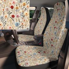 the interior of a car with floral seat covers and matching front seats, along with an image of flowers